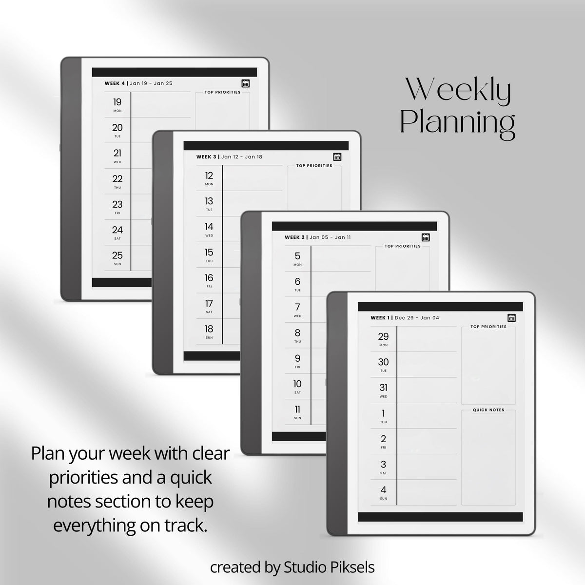 2026 Hyperlinked Planner for Kindle Scribe with quarterly overviews, monthly calendars, weekly planning layouts, and linked navigation.