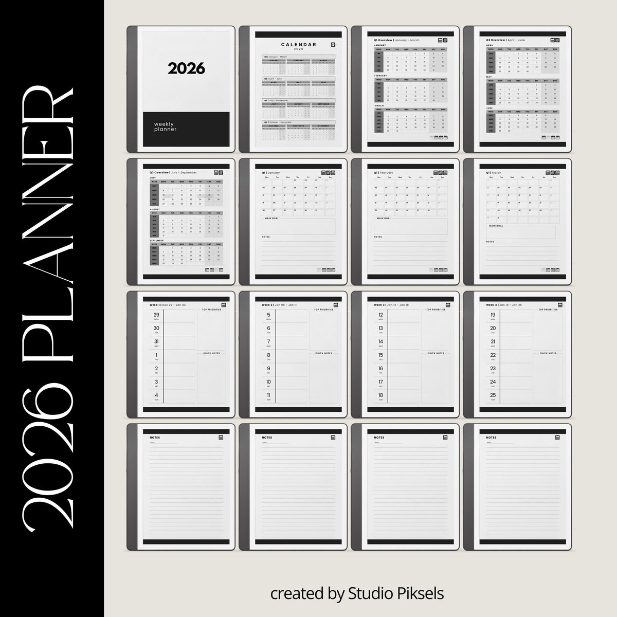 2026 Hyperlinked Planner for Kindle Scribe with quarterly overviews, monthly calendars, weekly planning layouts, and linked navigation.