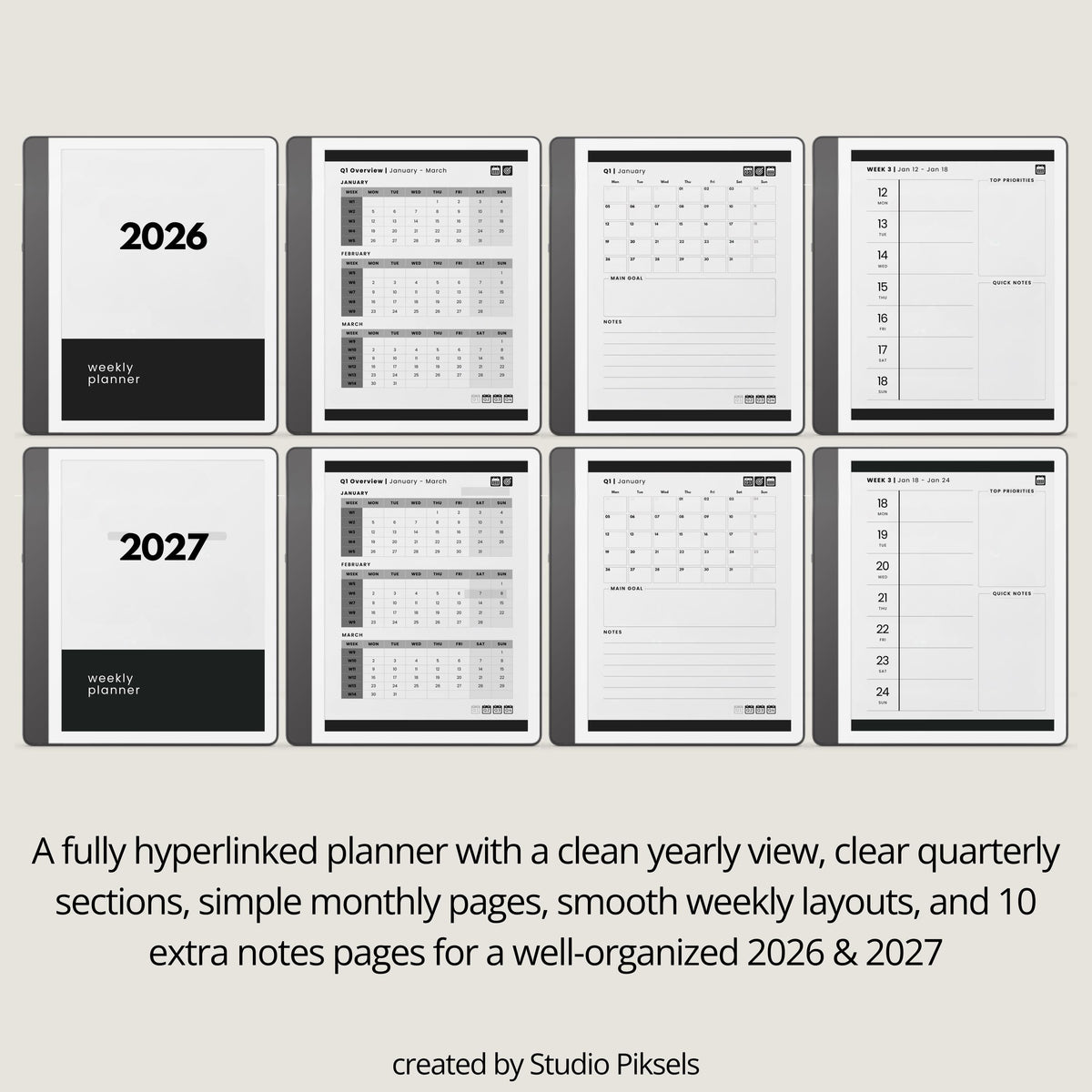 2026 Hyperlinked Planner for Kindle Scribe with quarterly overviews, monthly calendars, weekly planning layouts, and linked navigation.