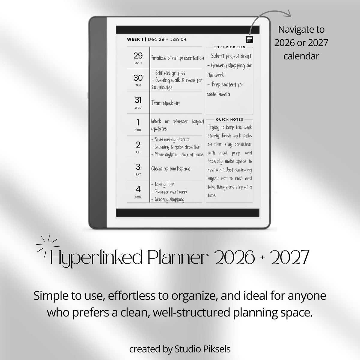 2026 Hyperlinked Planner for Kindle Scribe with quarterly overviews, monthly calendars, weekly planning layouts, and linked navigation.