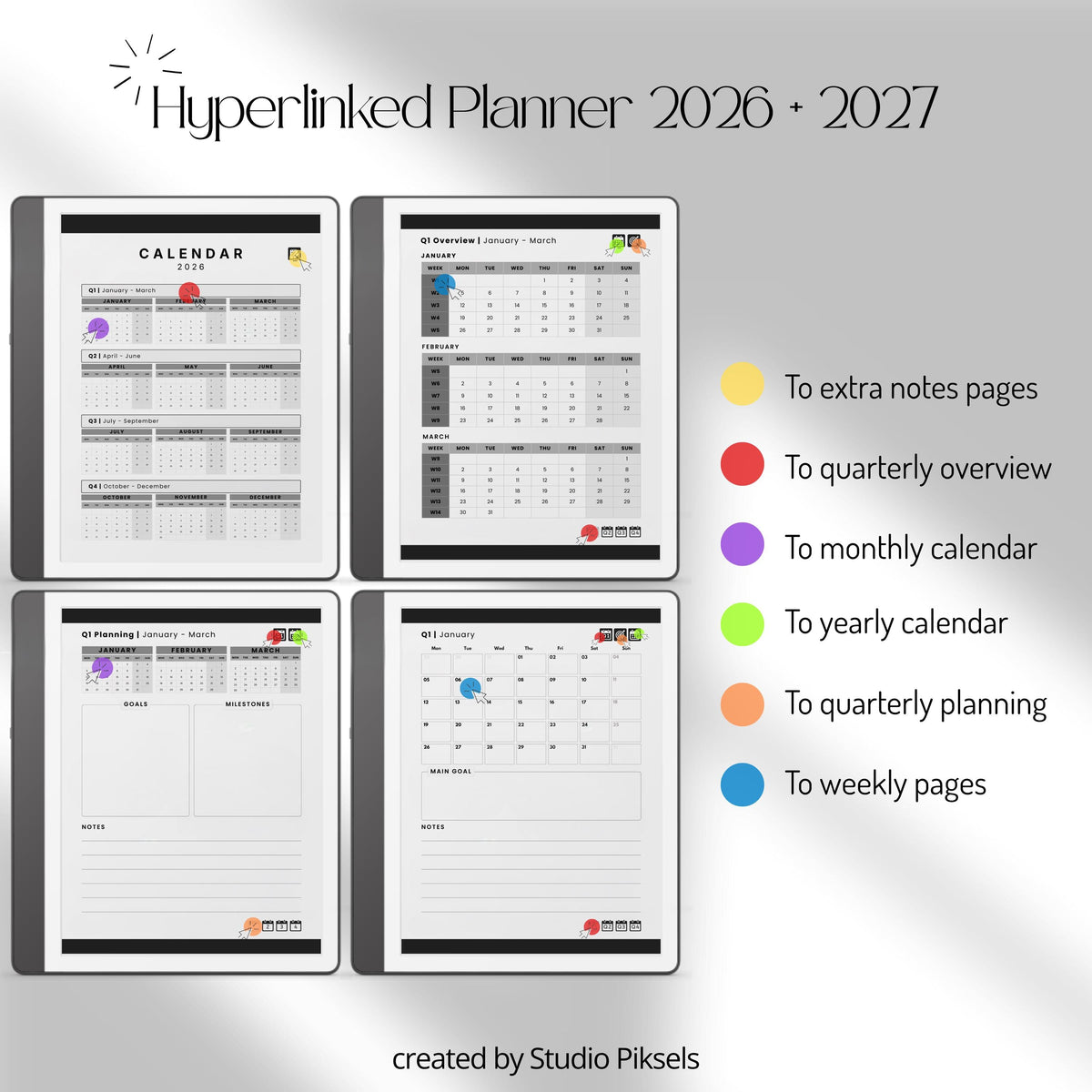 2026 Hyperlinked Planner for Kindle Scribe with quarterly overviews, monthly calendars, weekly planning layouts, and linked navigation.