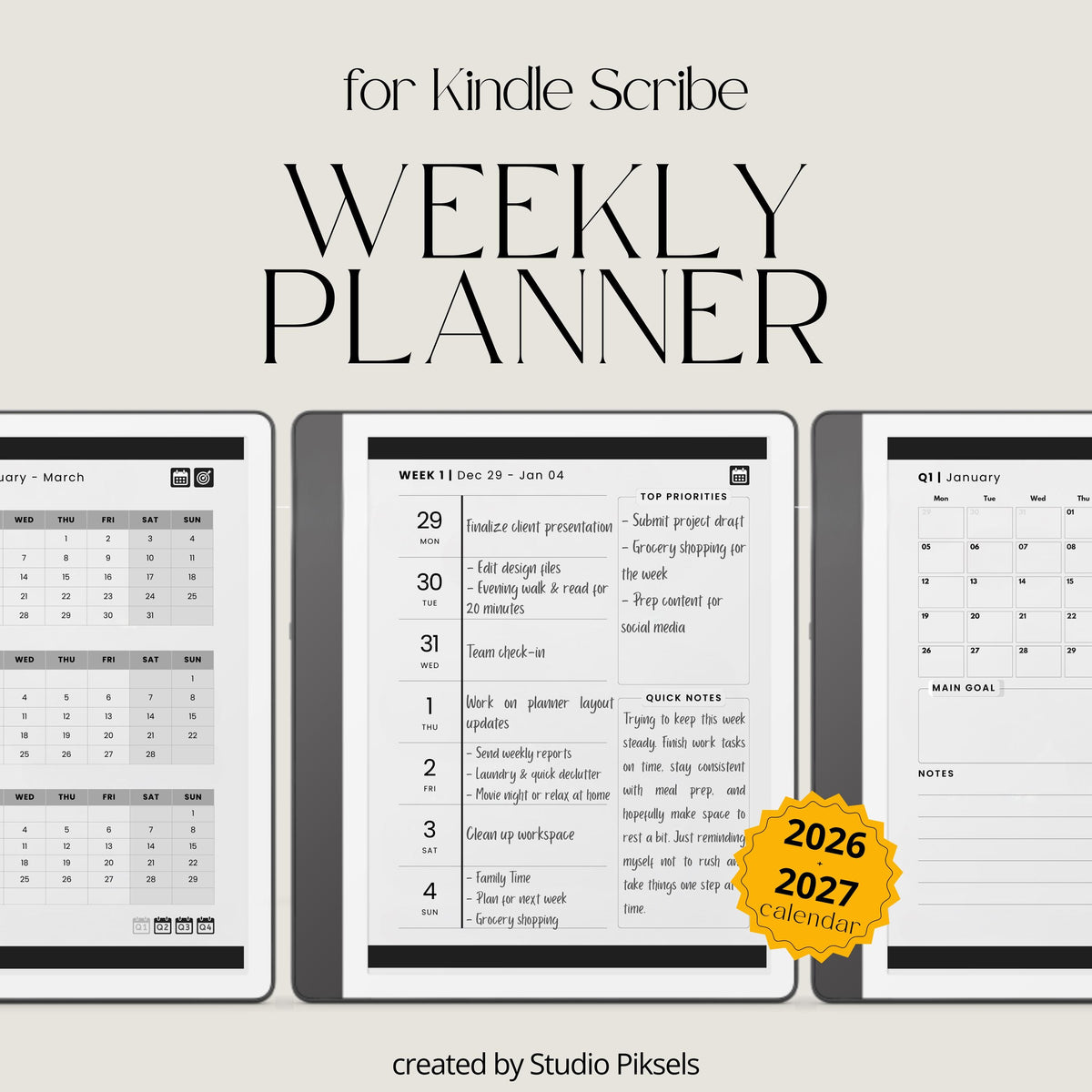 2026 Hyperlinked Planner for Kindle Scribe with quarterly overviews, monthly calendars, weekly planning layouts, and linked navigation.