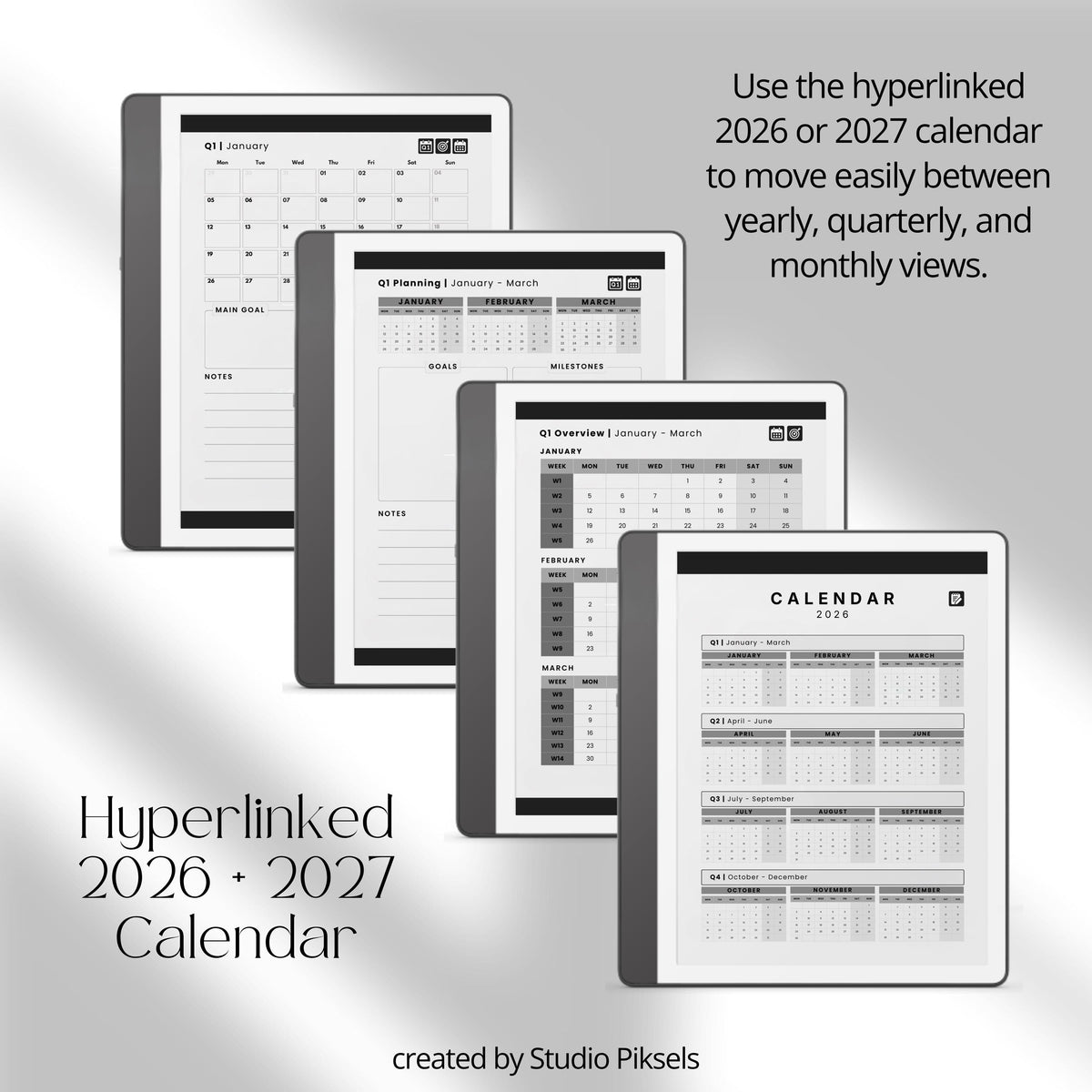 2026 Hyperlinked Planner for Kindle Scribe with quarterly overviews, monthly calendars, weekly planning layouts, and linked navigation.