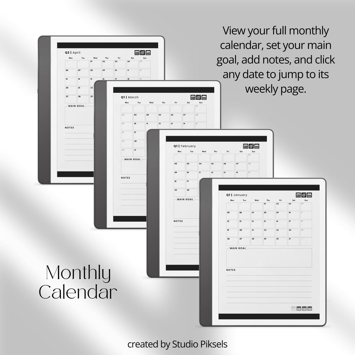 2026 Hyperlinked Planner for Kindle Scribe with quarterly overviews, monthly calendars, weekly planning layouts, and linked navigation.