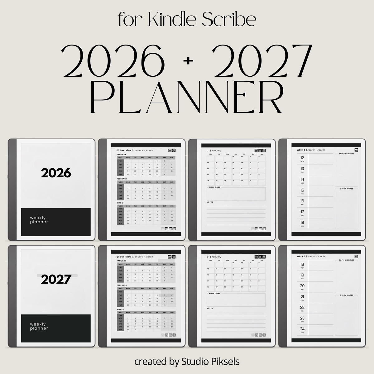 2026 Hyperlinked Planner for Kindle Scribe with quarterly overviews, monthly calendars, weekly planning layouts, and linked navigation.