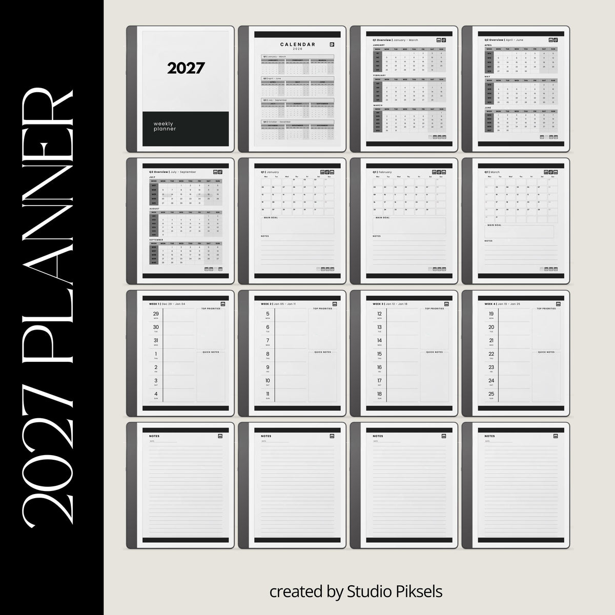 2026 Hyperlinked Planner for Kindle Scribe with quarterly overviews, monthly calendars, weekly planning layouts, and linked navigation.