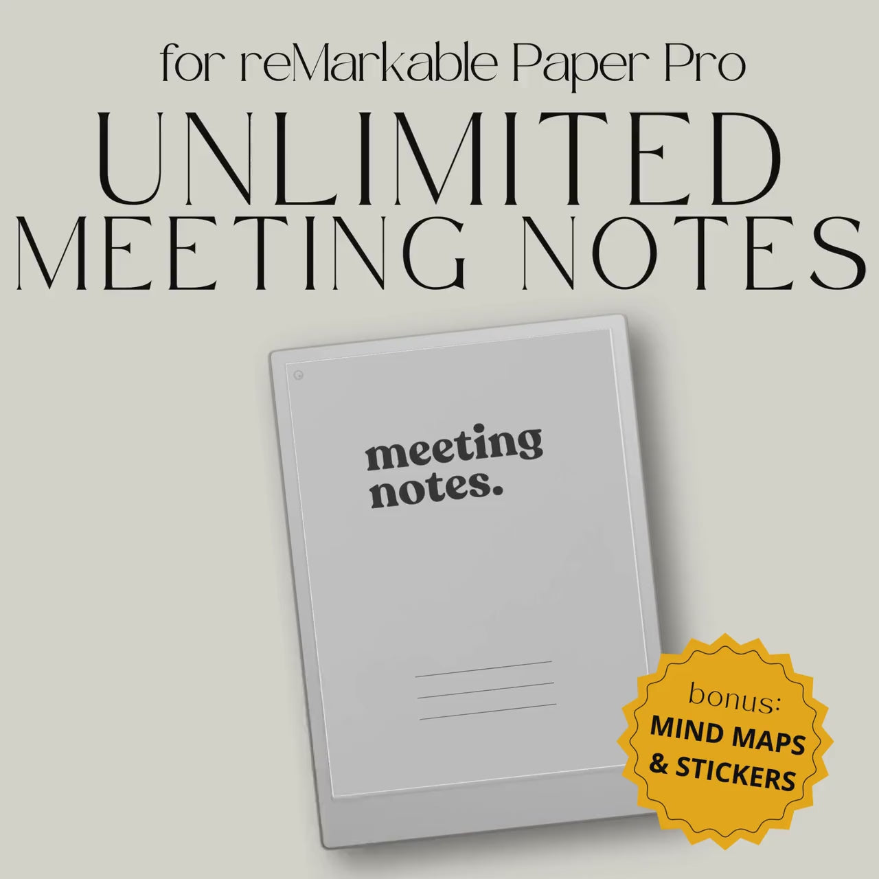 Hyperlinked meeting notebook for reMarkable Paper Pro featuring customizable meeting templates, linked sections, digital stickers, task tracking layouts, and organized business planning pages for structured digital note-taking and productivity management.