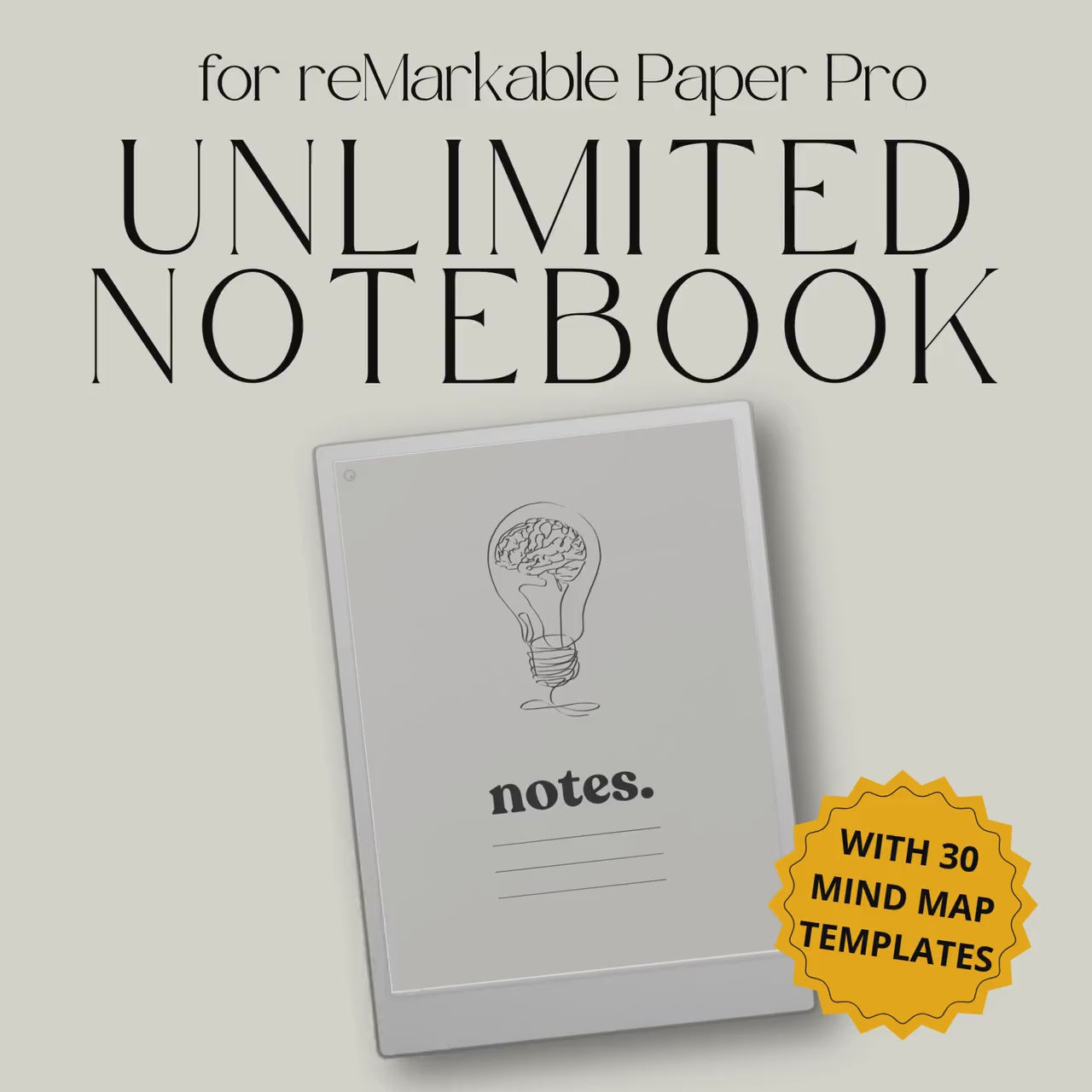 Hyperlinked mind map notebook for reMarkable Paper Pro featuring customizable templates, linked sections, reusable stickers, planners, and brainstorming layouts for digital planning and visual organization.
