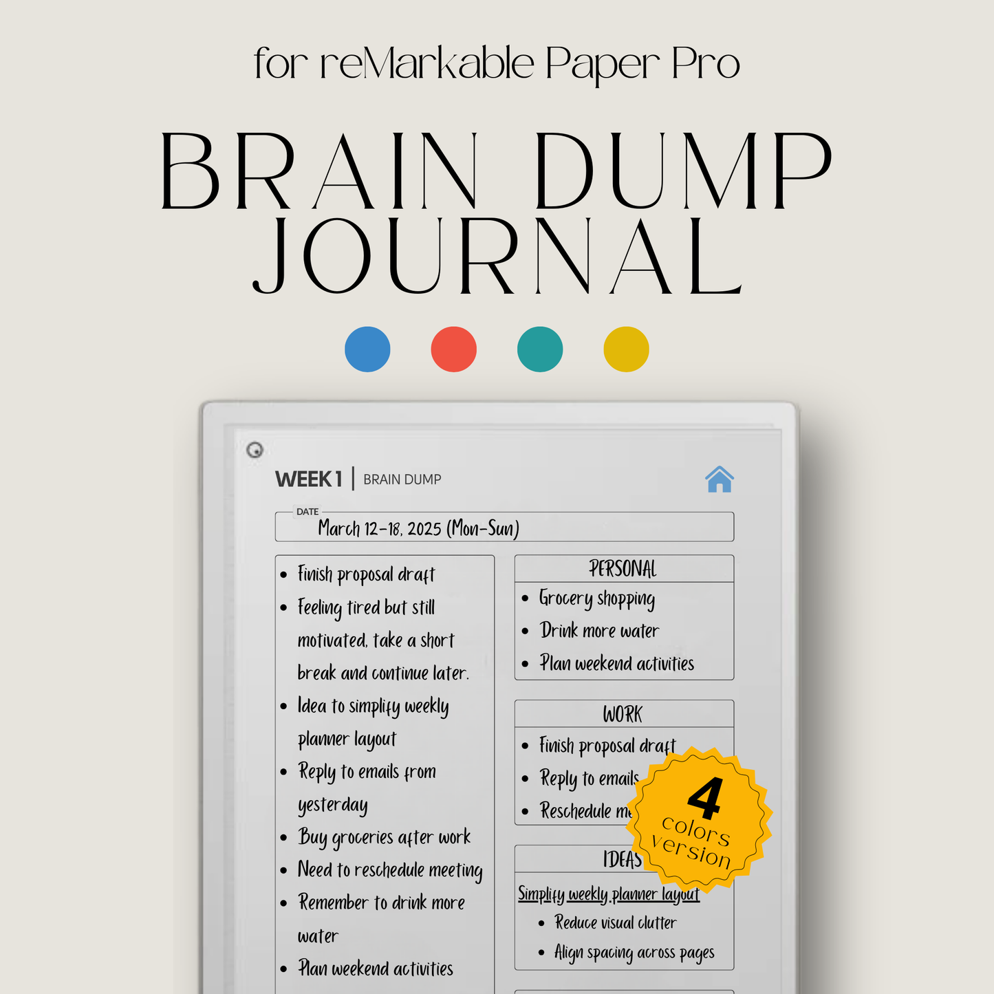 Brain Dump & Mental Clutter Journal for reMarkable Paper Pro