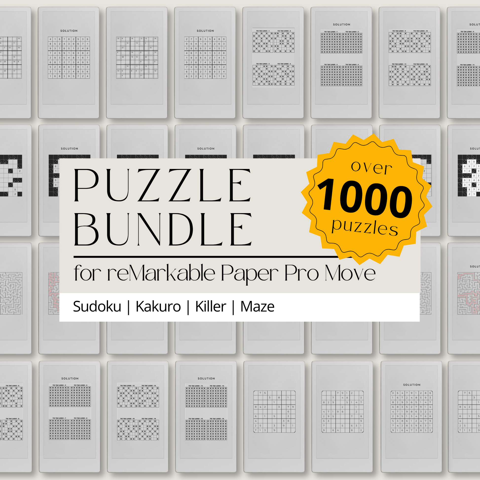 Puzzle Bundle PDF for reMarkable Paper Pro Move with Sudoku, Kakuro, maze puzzles, and logic games for brain training.
