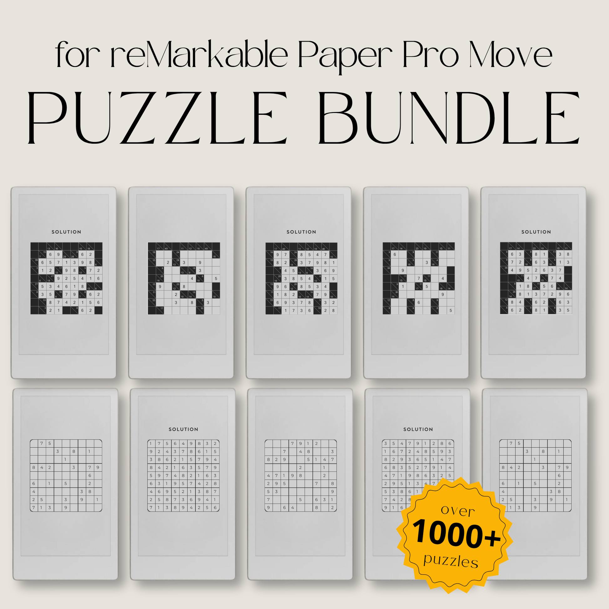 Puzzle Bundle PDF for reMarkable Paper Pro Move with Sudoku, Kakuro, maze puzzles, and logic games for brain training.