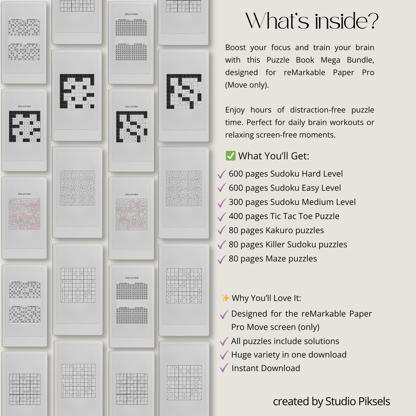 Puzzle Bundle PDF for reMarkable Paper Pro Move with Sudoku, Kakuro, maze puzzles, and logic games for brain training.