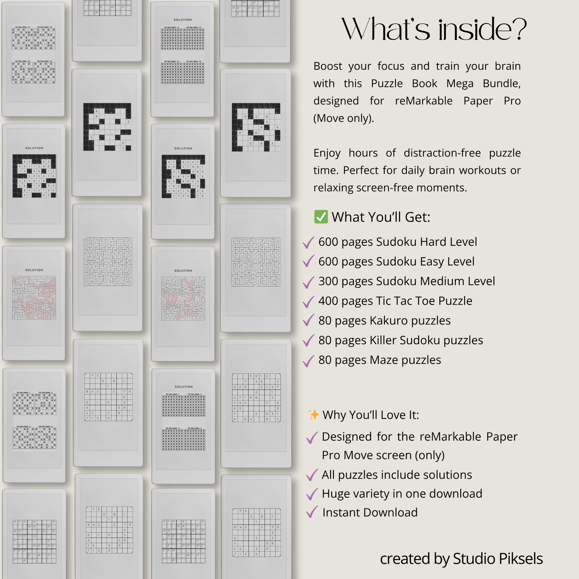 Puzzle Bundle PDF for reMarkable Paper Pro Move with Sudoku, Kakuro, maze puzzles, and logic games for brain training.