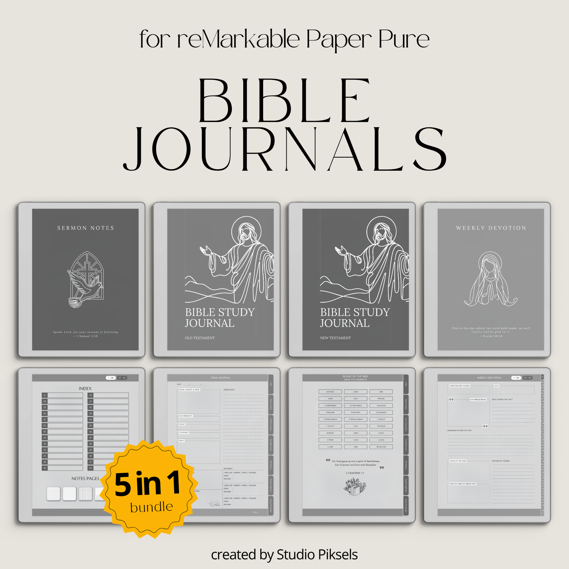 Bible Journal Bundle for reMarkable Paper Pure & reMarkable 2 with Bible study journals, sermon notes, prayer journal, devotion planner & hyperlinked templates.
