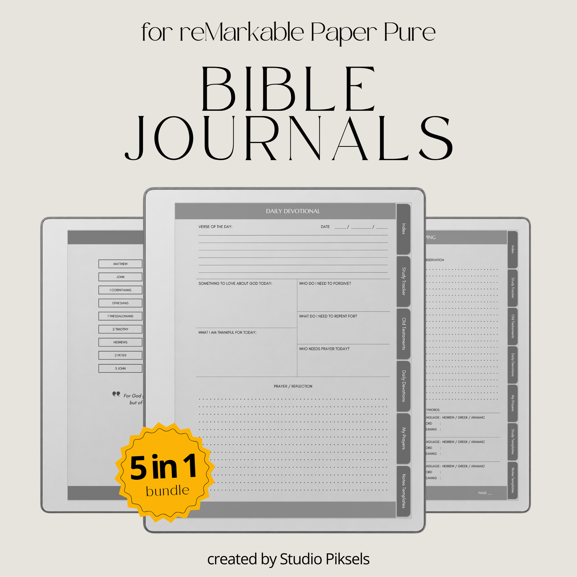 Bible Journal Bundle for reMarkable Paper Pure & reMarkable 2 with Bible study journals, sermon notes, prayer journal, devotion planner & hyperlinked templates.