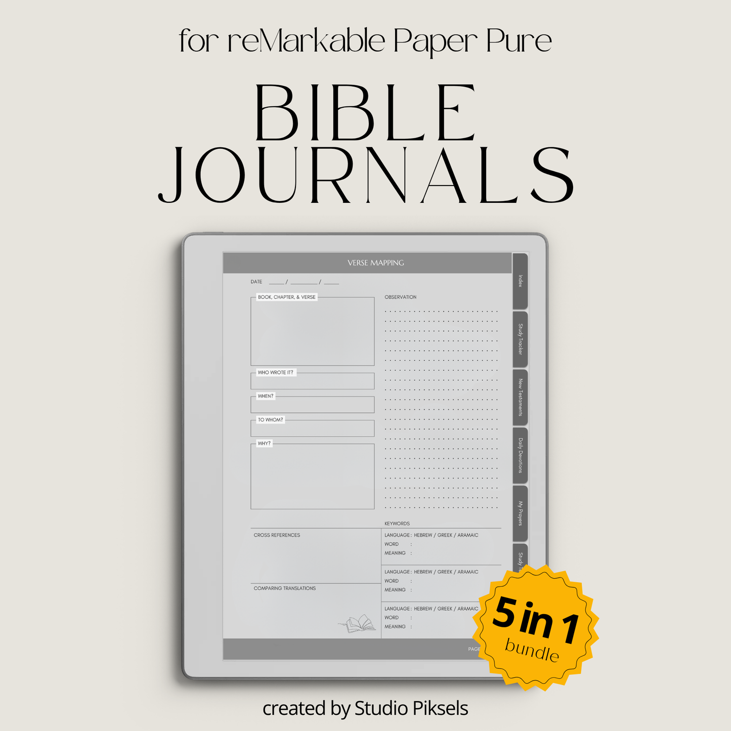 Bible Journal Bundle for reMarkable Paper Pure & reMarkable 2 with Bible study journals, sermon notes, prayer journal, devotion planner & hyperlinked templates.