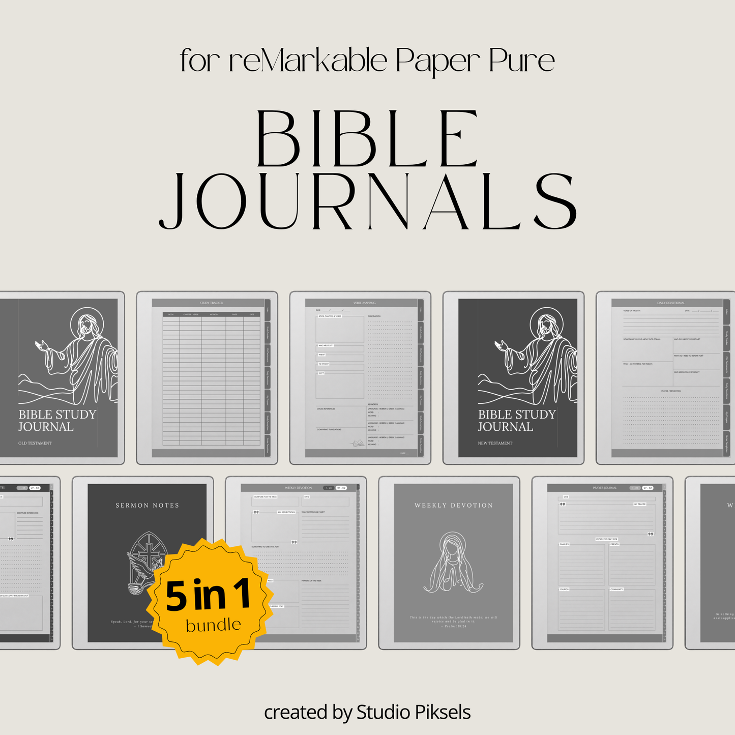 Bible Journal Bundle for reMarkable Paper Pure & reMarkable 2 with Bible study journals, sermon notes, prayer journal, devotion planner & hyperlinked templates.