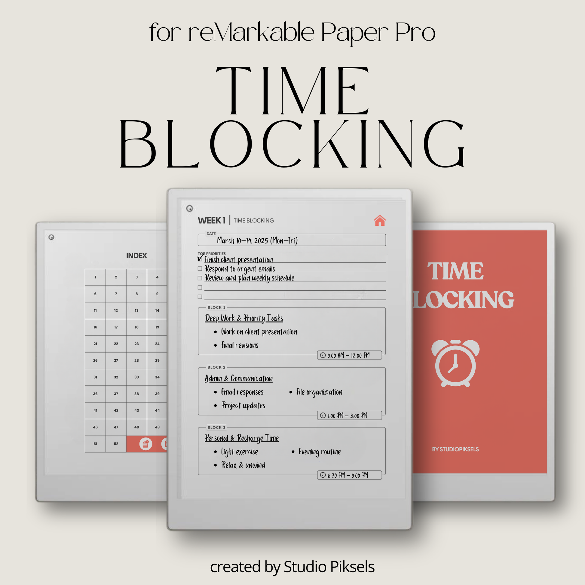 Time Blocking Focus Planner for reMarkable Paper Pro