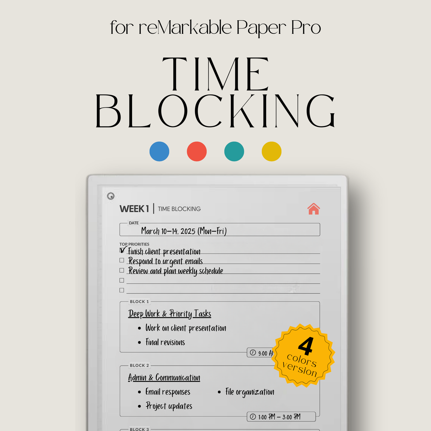 Time Blocking Focus Planner for reMarkable Paper Pro