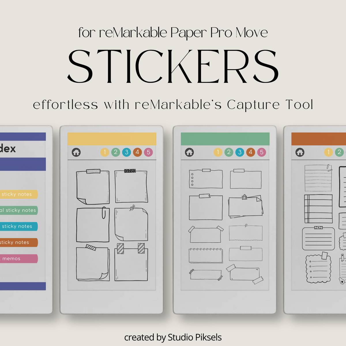 Digital sticky note stickers for reMarkable Paper Pro Move with square, lined, shaped, horizontal, and list memo designs for the Capture Tool.