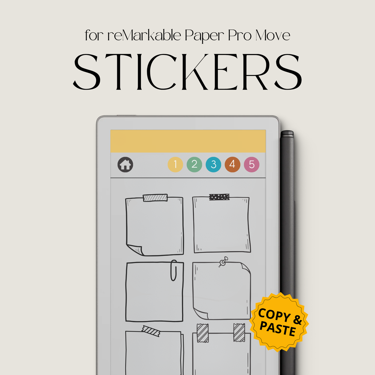 Digital sticky note stickers for reMarkable Paper Pro Move with square, lined, shaped, horizontal, and list memo designs for the Capture Tool.