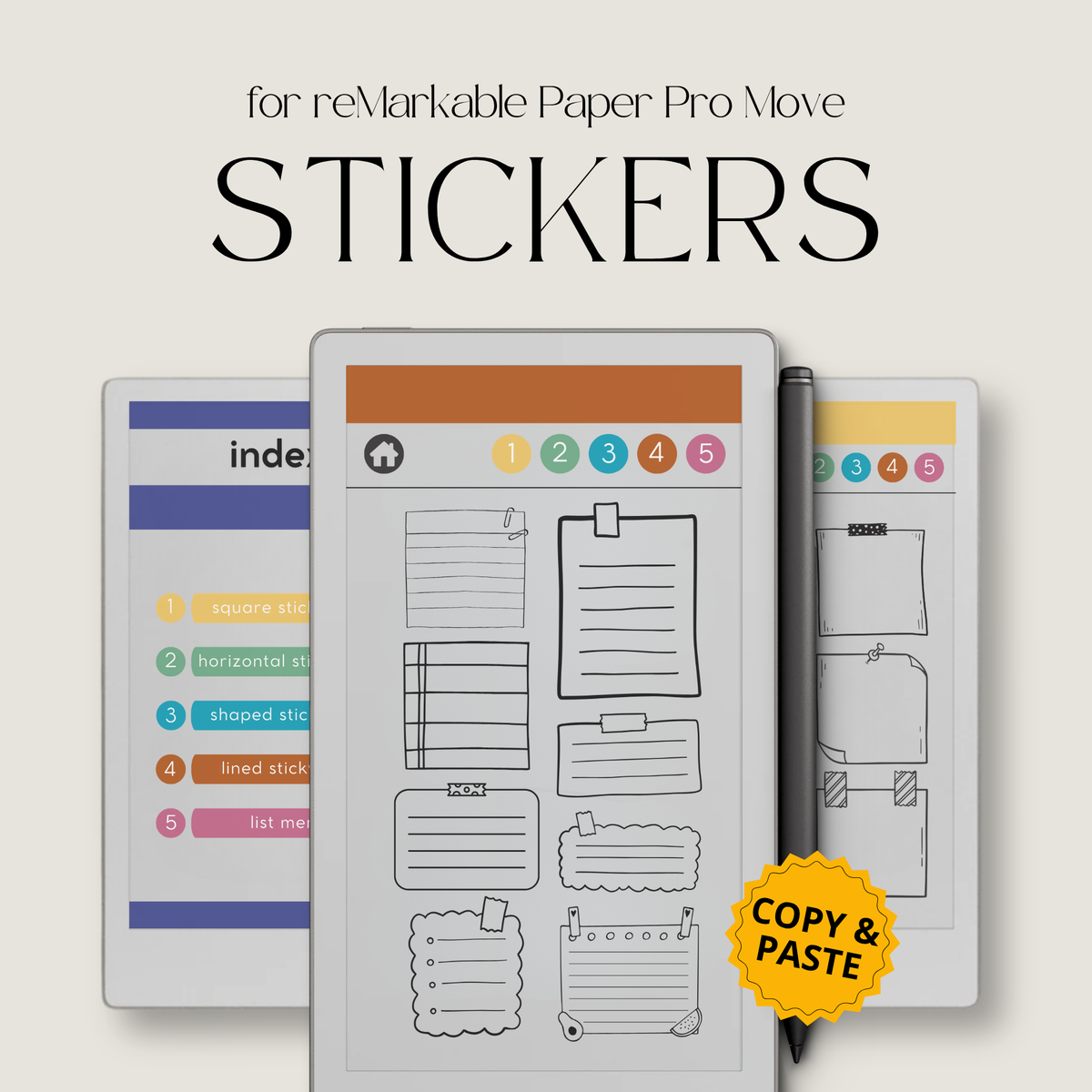 Digital sticky note stickers for reMarkable Paper Pro Move with square, lined, shaped, horizontal, and list memo designs for the Capture Tool.