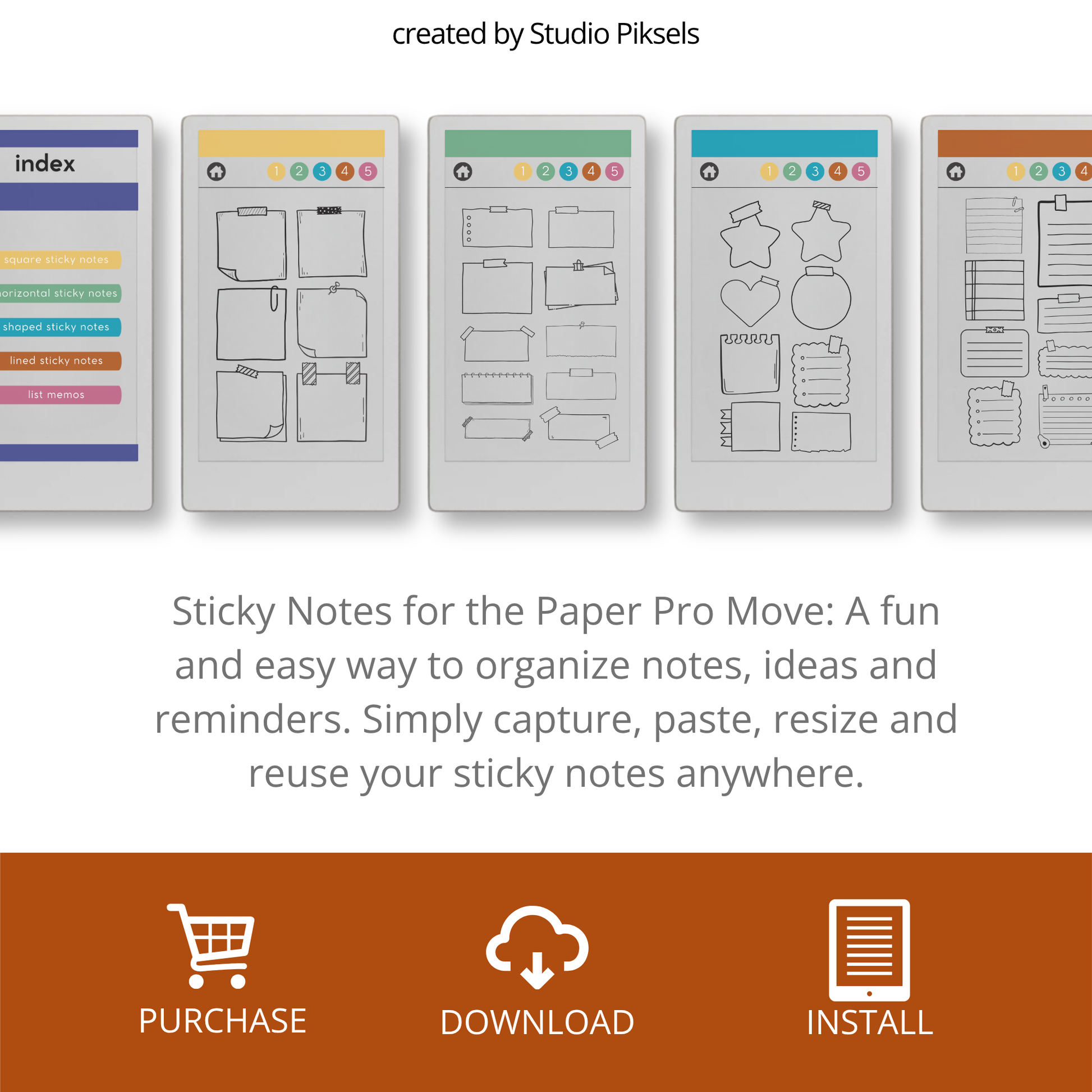 Digital sticky note stickers for reMarkable Paper Pro Move with square, lined, shaped, horizontal, and list memo designs for the Capture Tool.