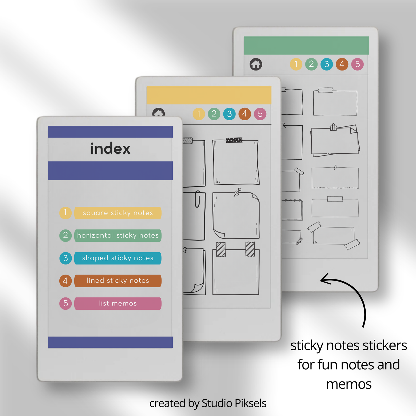 Digital sticky note stickers for reMarkable Paper Pro Move with square, lined, shaped, horizontal, and list memo designs for the Capture Tool.