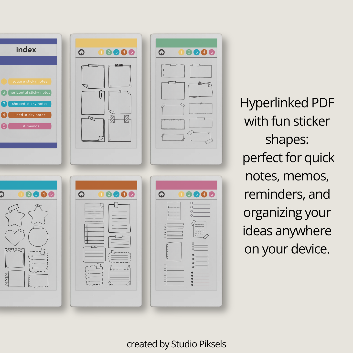 Digital sticky note stickers for reMarkable Paper Pro Move with square, lined, shaped, horizontal, and list memo designs for the Capture Tool.
