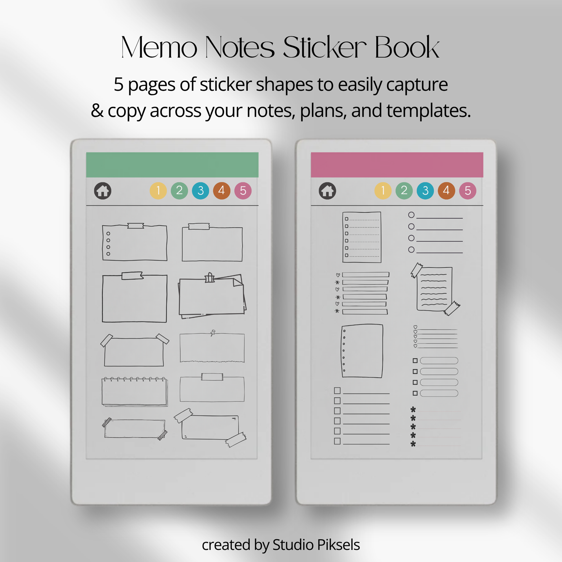 Digital sticky note stickers for reMarkable Paper Pro Move with square, lined, shaped, horizontal, and list memo designs for the Capture Tool.